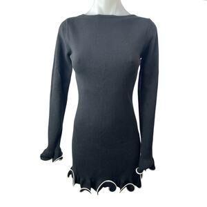 NEW Commense Black Ruffle Lettuce Hem Boat Neck Long Sleeve Mini Bodycon Dress S